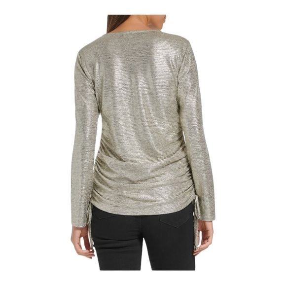 Calvin Klein Metallic Ruched Drawstring Top 3X Gold Shimmer Long Sleeve Stretchy - Picture 5 of 15